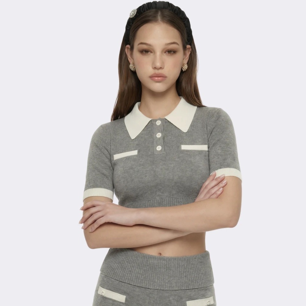 Nana Jacqueline Grey Knit Contrast Mia Polo Cropped Sweater Top Size Small